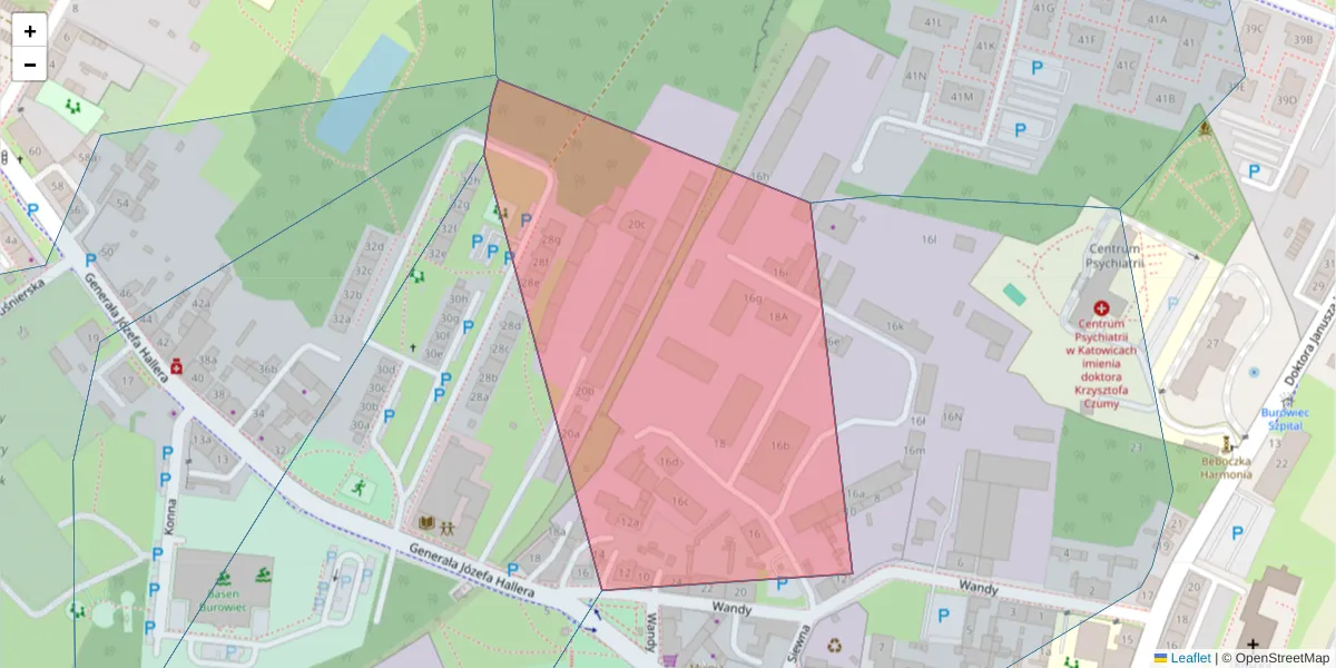 Szczegółowa mapa kodu pocztowego 40-332 z granicami, sąsiednimi kodami pocztowymi i urzędami pocztowymi