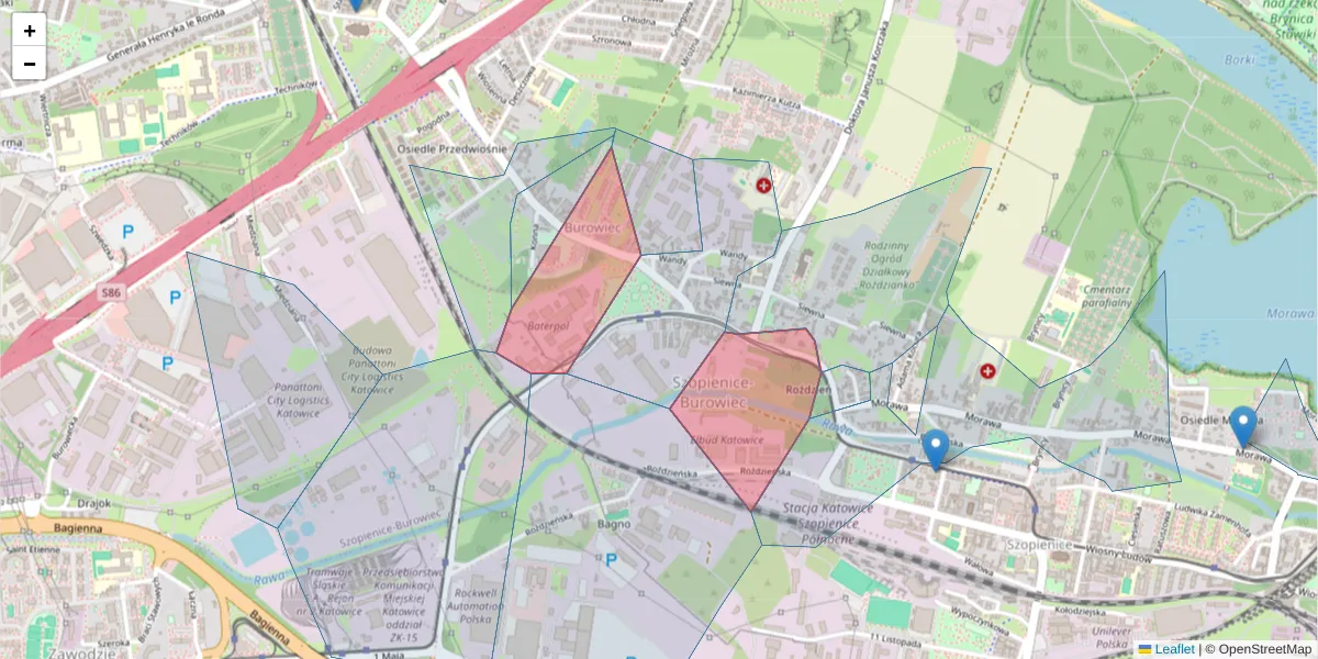 Szczegółowa mapa kodu pocztowego 40-335 z granicami, sąsiednimi kodami pocztowymi i urzędami pocztowymi