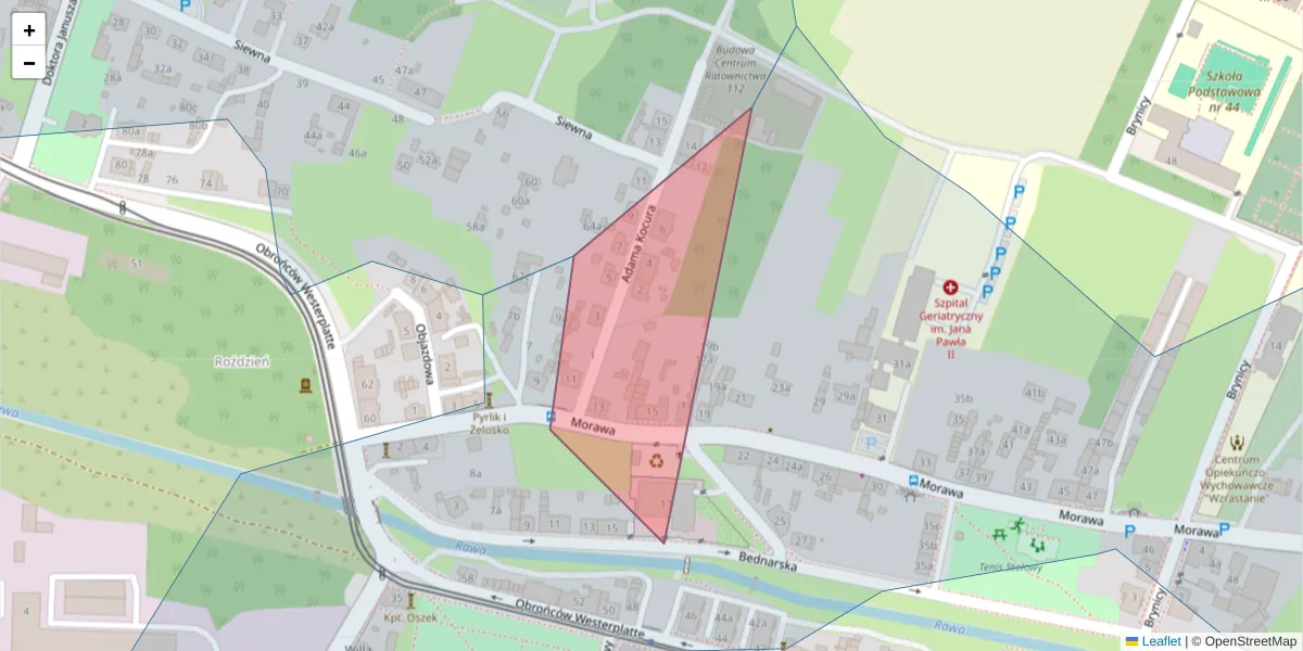 Szczegółowa mapa kodu pocztowego 40-357 z granicami, sąsiednimi kodami pocztowymi i urzędami pocztowymi