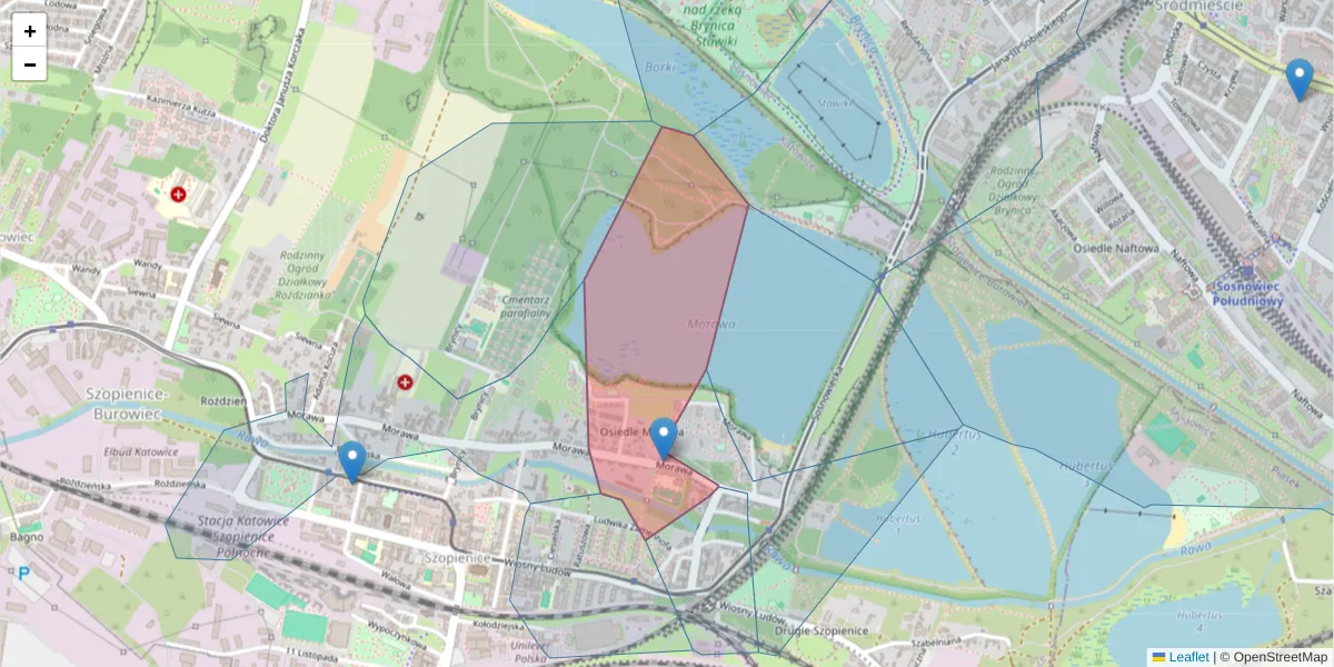 Szczegółowa mapa kodu pocztowego 40-360 z granicami, sąsiednimi kodami pocztowymi i urzędami pocztowymi
