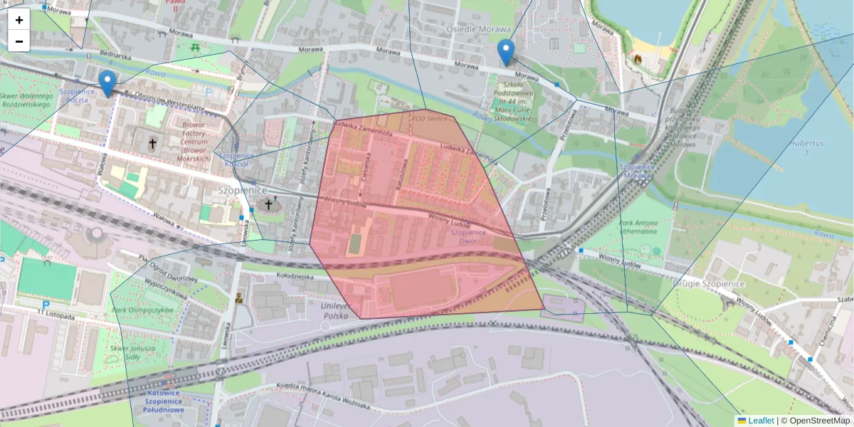 Szczegółowa mapa kodu pocztowego 40-374 z granicami, sąsiednimi kodami pocztowymi i urzędami pocztowymi