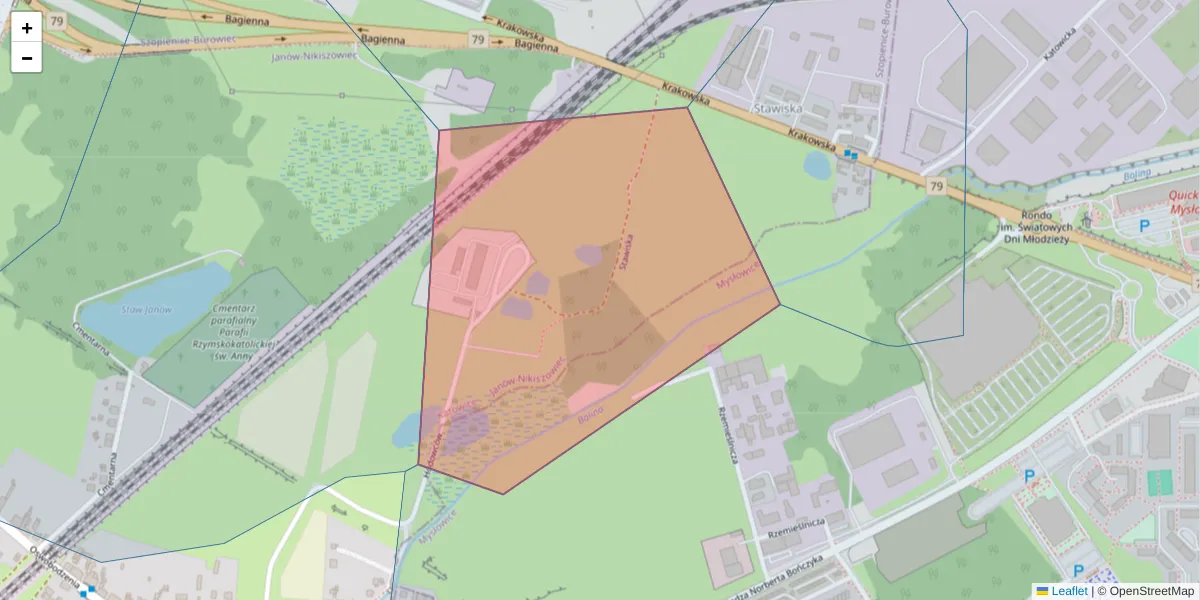 Szczegółowa mapa kodu pocztowego 40-394 z granicami, sąsiednimi kodami pocztowymi i urzędami pocztowymi