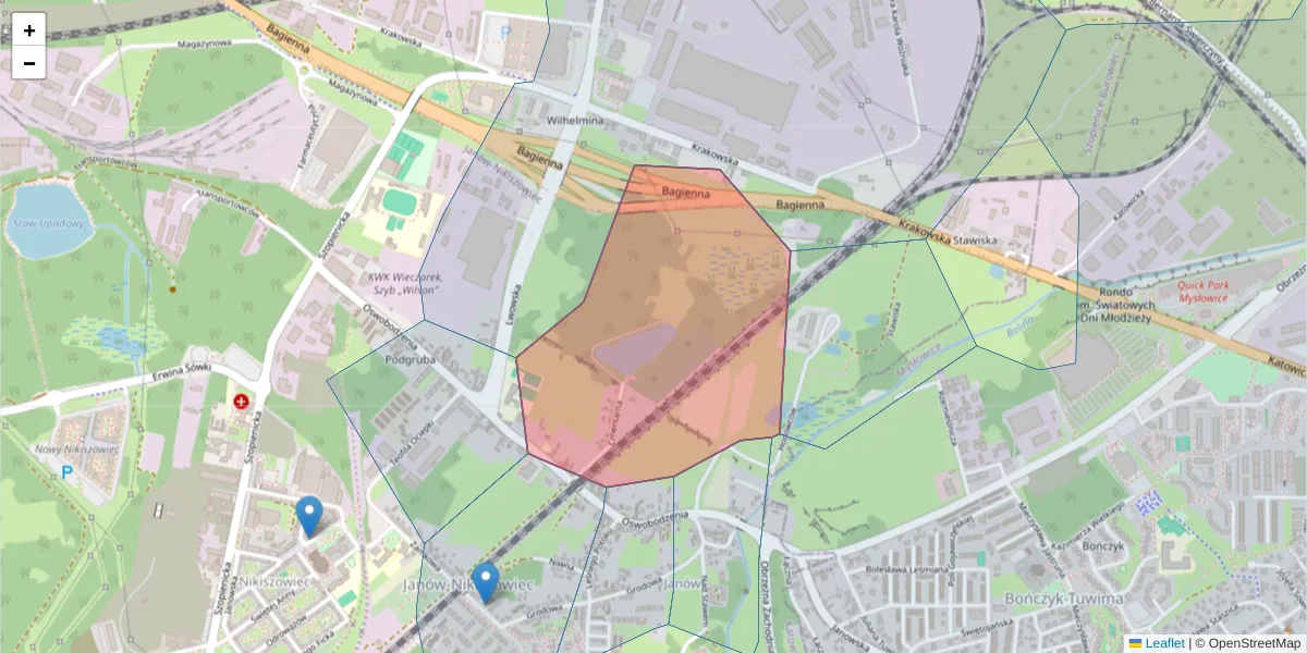 Szczegółowa mapa kodu pocztowego 40-401 z granicami, sąsiednimi kodami pocztowymi i urzędami pocztowymi