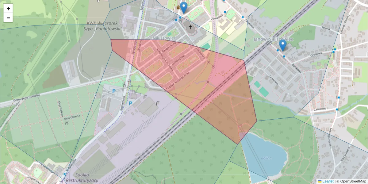 Szczegółowa mapa kodu pocztowego 40-422 z granicami, sąsiednimi kodami pocztowymi i urzędami pocztowymi