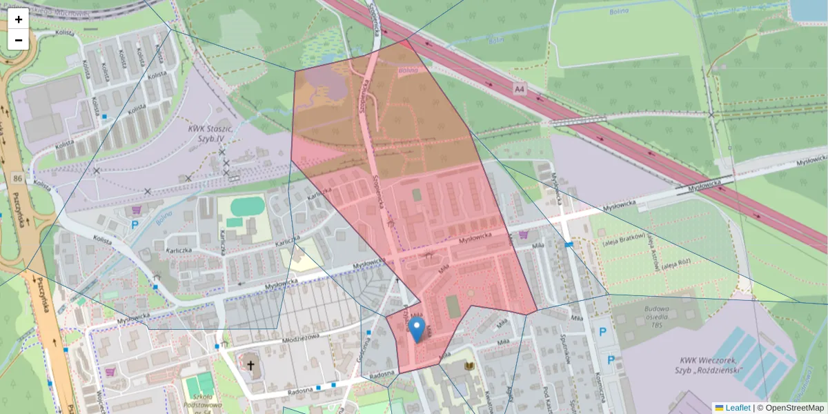 Szczegółowa mapa kodu pocztowego 40-464 z granicami, sąsiednimi kodami pocztowymi i urzędami pocztowymi