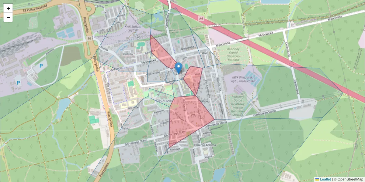 Szczegółowa mapa kodu pocztowego 40-466 z granicami, sąsiednimi kodami pocztowymi i urzędami pocztowymi