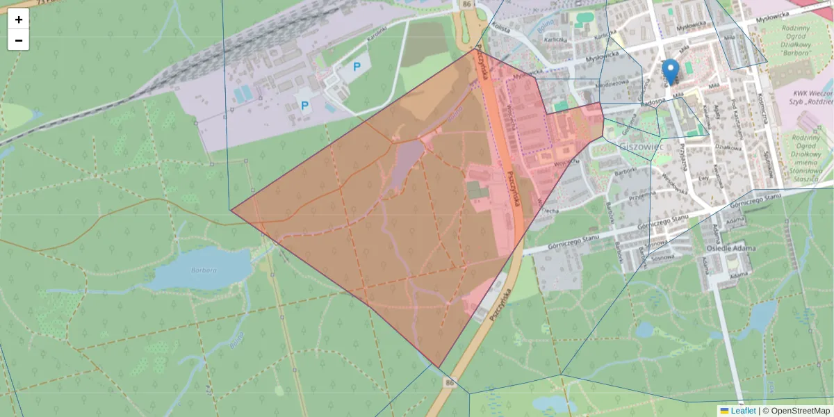 Szczegółowa mapa kodu pocztowego 40-474 z granicami, sąsiednimi kodami pocztowymi i urzędami pocztowymi
