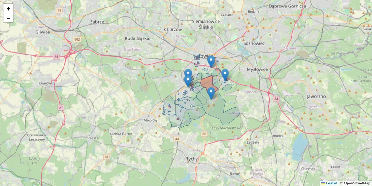 Szczegółowa mapa kodu pocztowego 40-496 z granicami, sąsiednimi kodami pocztowymi i urzędami pocztowymi