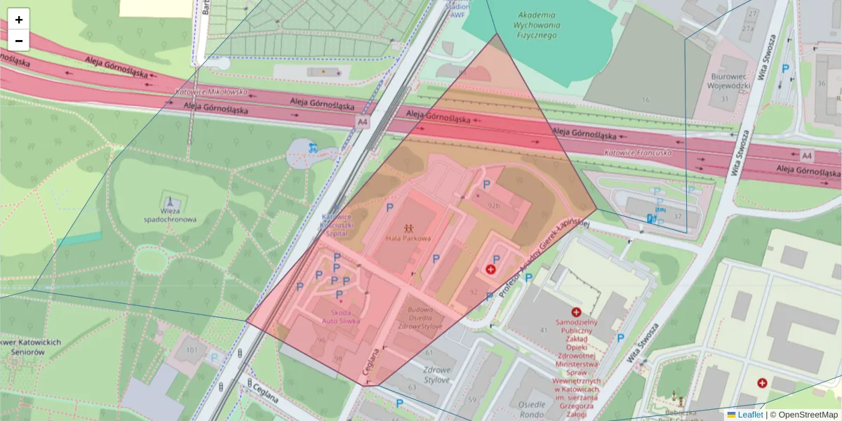 Szczegółowa mapa kodu pocztowego 40-519 z granicami, sąsiednimi kodami pocztowymi i urzędami pocztowymi