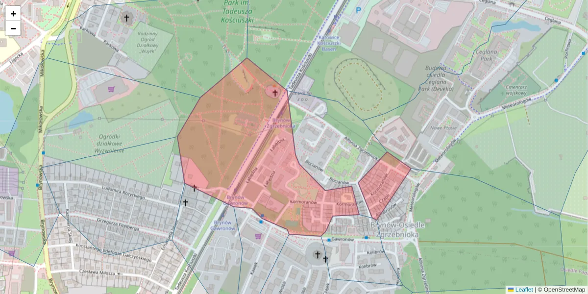 Szczegółowa mapa kodu pocztowego 40-521 z granicami, sąsiednimi kodami pocztowymi i urzędami pocztowymi