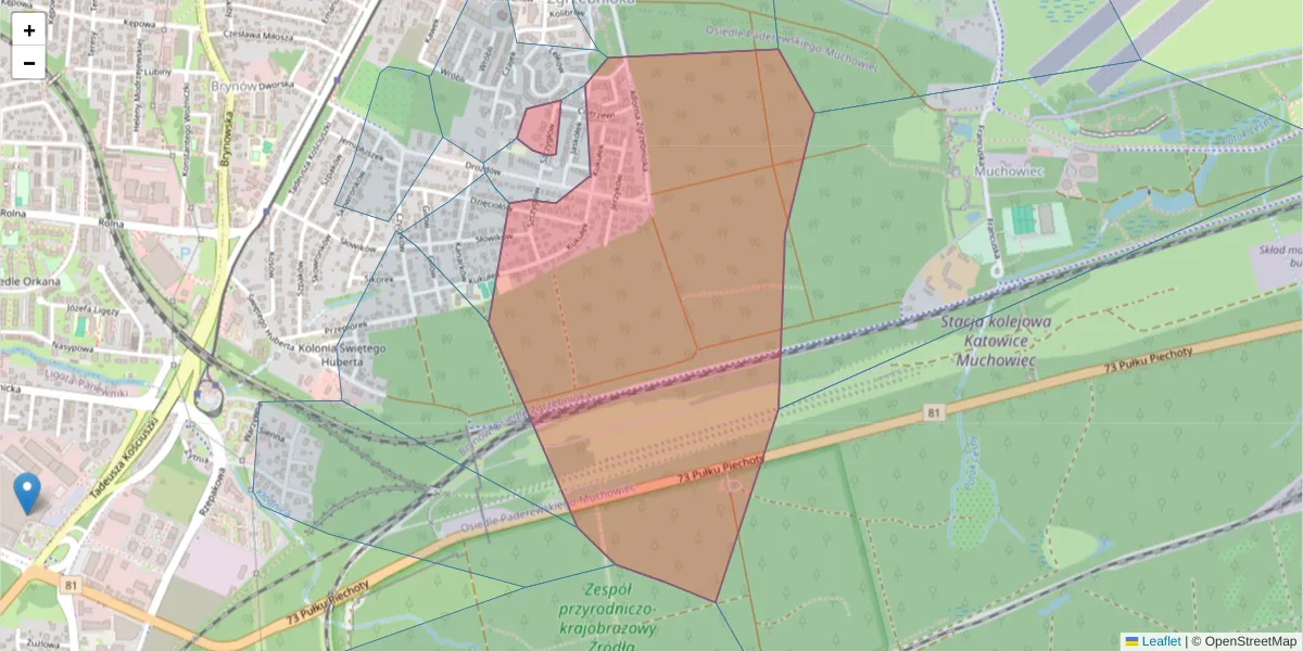 Szczegółowa mapa kodu pocztowego 40-533 z granicami, sąsiednimi kodami pocztowymi i urzędami pocztowymi