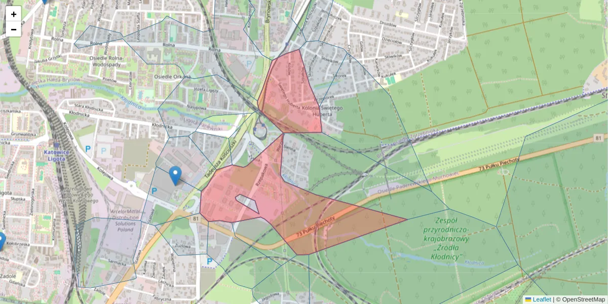 Szczegółowa mapa kodu pocztowego 40-541 z granicami, sąsiednimi kodami pocztowymi i urzędami pocztowymi