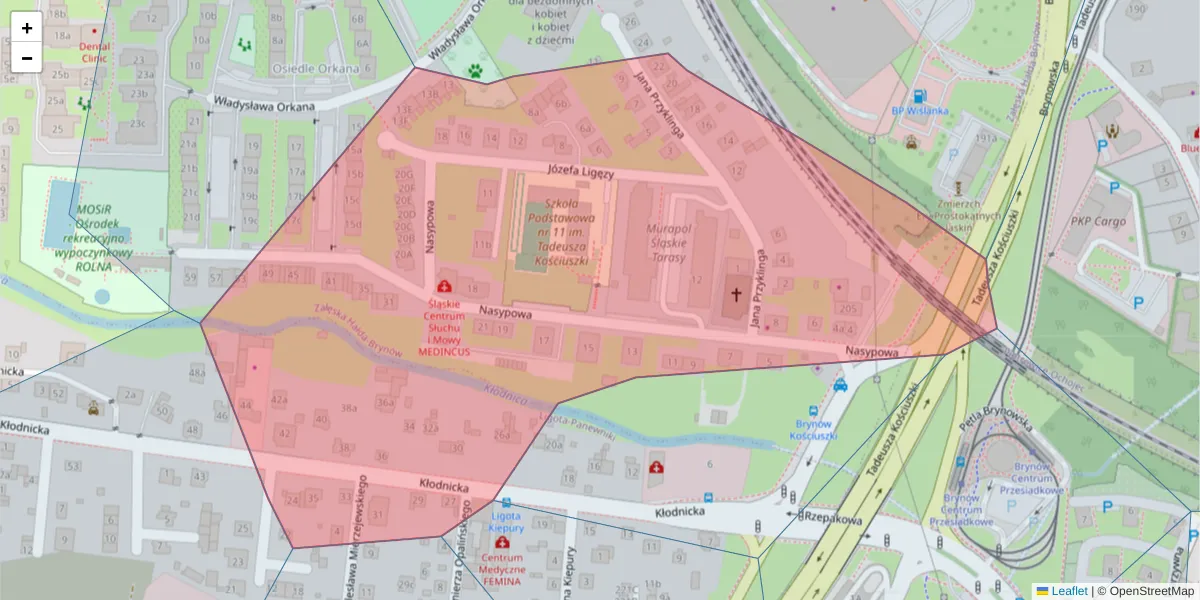 Szczegółowa mapa kodu pocztowego 40-551 z granicami, sąsiednimi kodami pocztowymi i urzędami pocztowymi