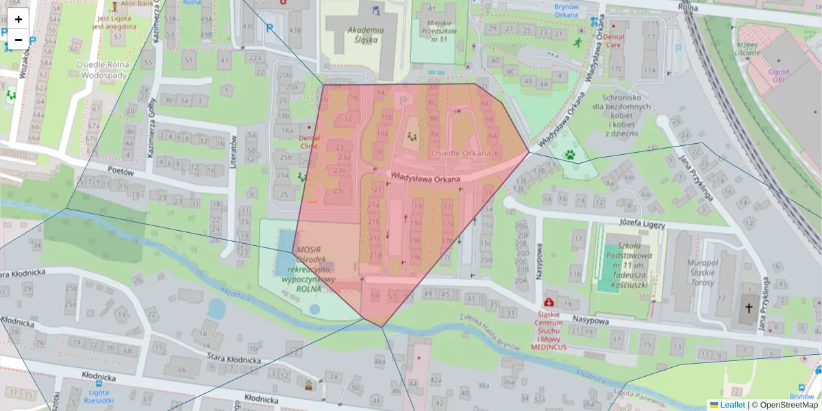 Szczegółowa mapa kodu pocztowego 40-553 z granicami, sąsiednimi kodami pocztowymi i urzędami pocztowymi