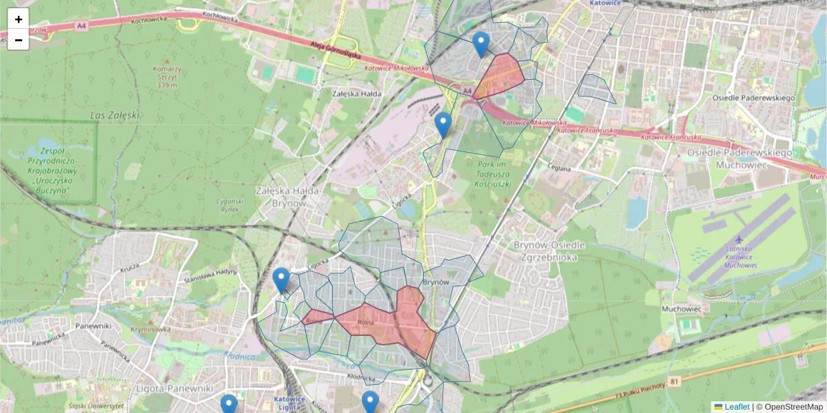 Szczegółowa mapa kodu pocztowego 40-555 z granicami, sąsiednimi kodami pocztowymi i urzędami pocztowymi