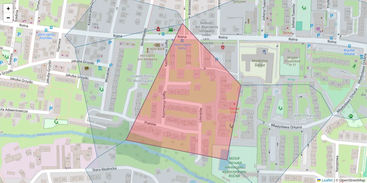 Szczegółowa mapa kodu pocztowego 40-558 z granicami, sąsiednimi kodami pocztowymi i urzędami pocztowymi