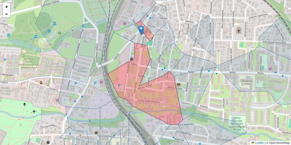 Szczegółowa mapa kodu pocztowego 40-560 z granicami, sąsiednimi kodami pocztowymi i urzędami pocztowymi