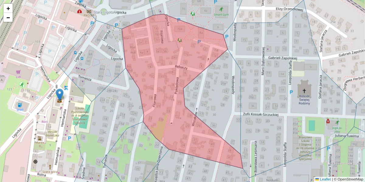 Szczegółowa mapa kodu pocztowego 40-566 z granicami, sąsiednimi kodami pocztowymi i urzędami pocztowymi