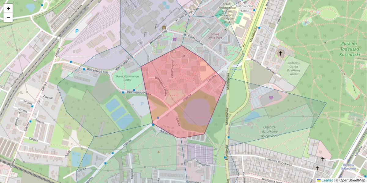 Szczegółowa mapa kodu pocztowego 40-570 z granicami, sąsiednimi kodami pocztowymi i urzędami pocztowymi