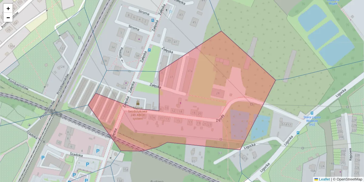Szczegółowa mapa kodu pocztowego 40-573 z granicami, sąsiednimi kodami pocztowymi i urzędami pocztowymi