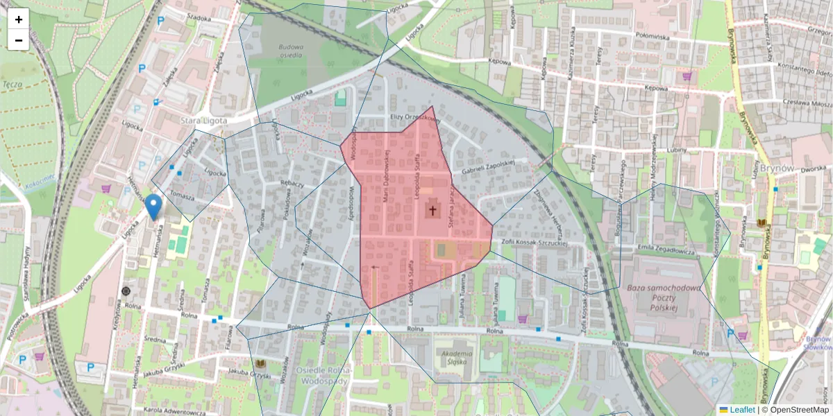 Szczegółowa mapa kodu pocztowego 40-576 z granicami, sąsiednimi kodami pocztowymi i urzędami pocztowymi
