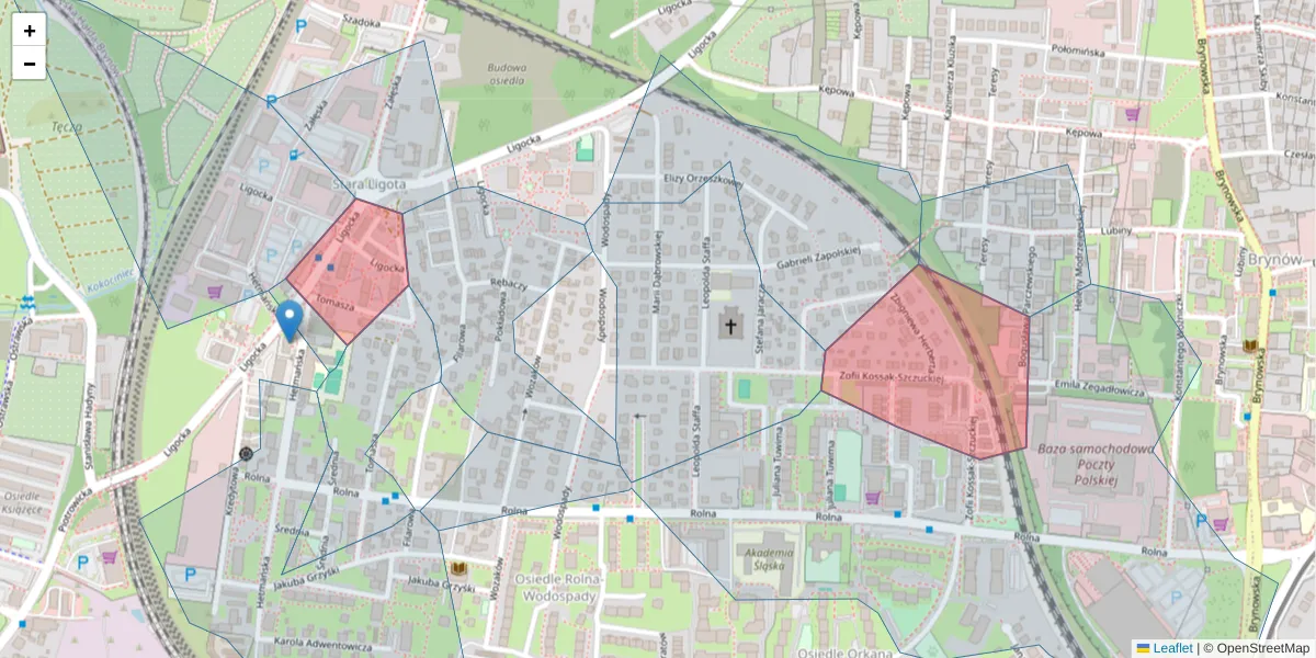 Szczegółowa mapa kodu pocztowego 40-578 z granicami, sąsiednimi kodami pocztowymi i urzędami pocztowymi