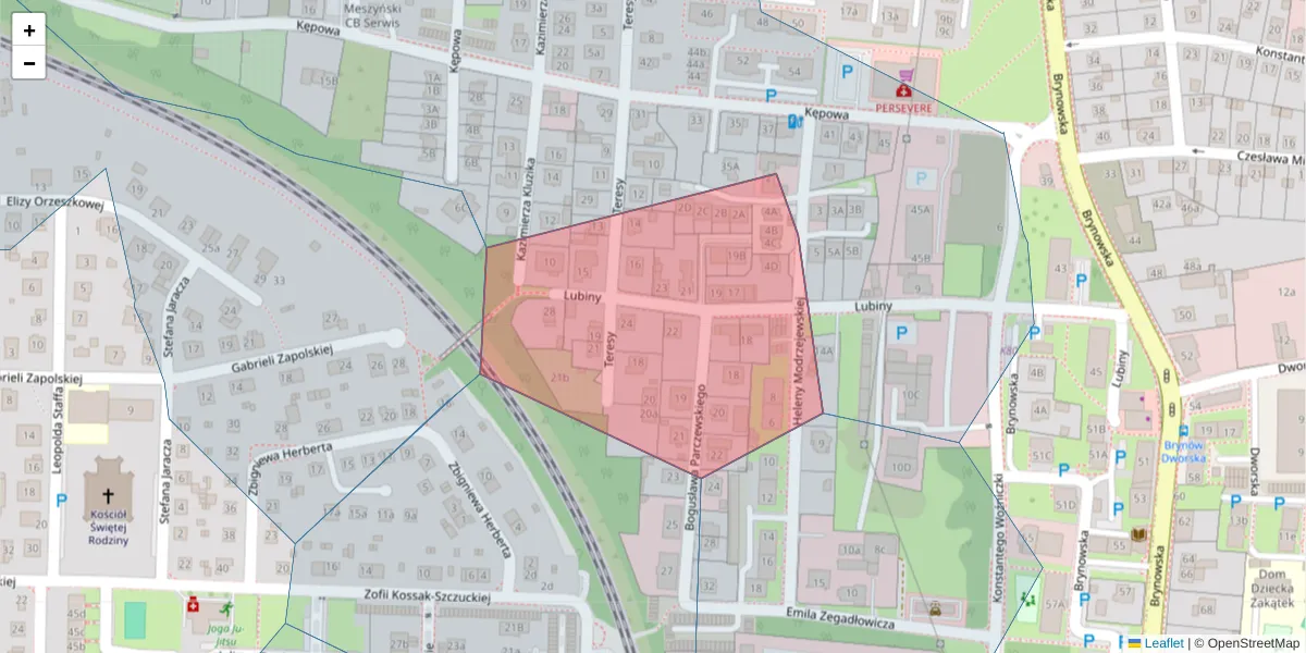 Szczegółowa mapa kodu pocztowego 40-582 z granicami, sąsiednimi kodami pocztowymi i urzędami pocztowymi