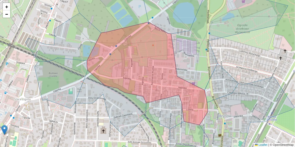 Szczegółowa mapa kodu pocztowego 40-583 z granicami, sąsiednimi kodami pocztowymi i urzędami pocztowymi