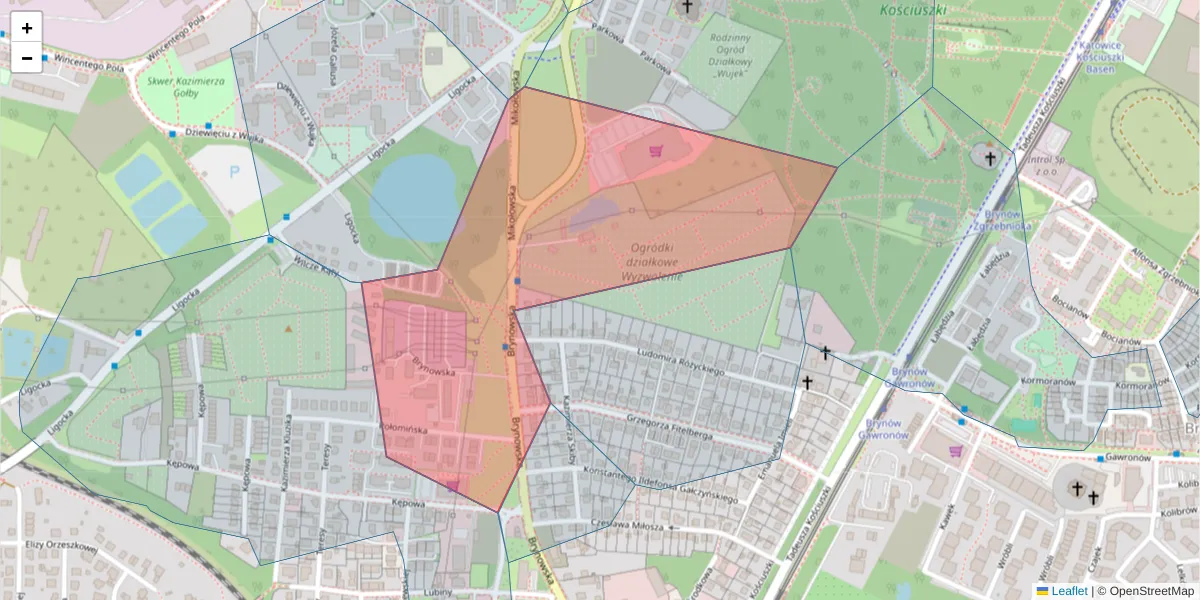 Szczegółowa mapa kodu pocztowego 40-585 z granicami, sąsiednimi kodami pocztowymi i urzędami pocztowymi