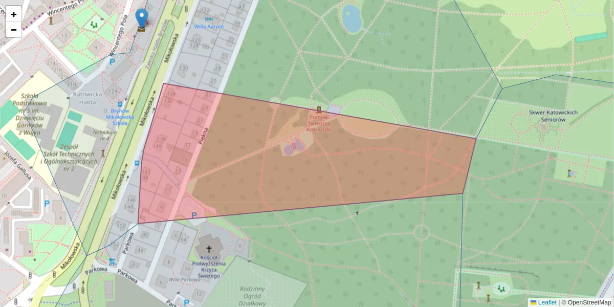 Szczegółowa mapa kodu pocztowego 40-591 z granicami, sąsiednimi kodami pocztowymi i urzędami pocztowymi