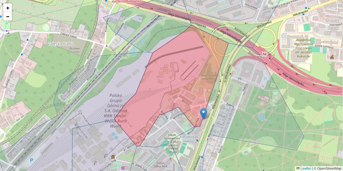 Szczegółowa mapa kodu pocztowego 40-593 z granicami, sąsiednimi kodami pocztowymi i urzędami pocztowymi