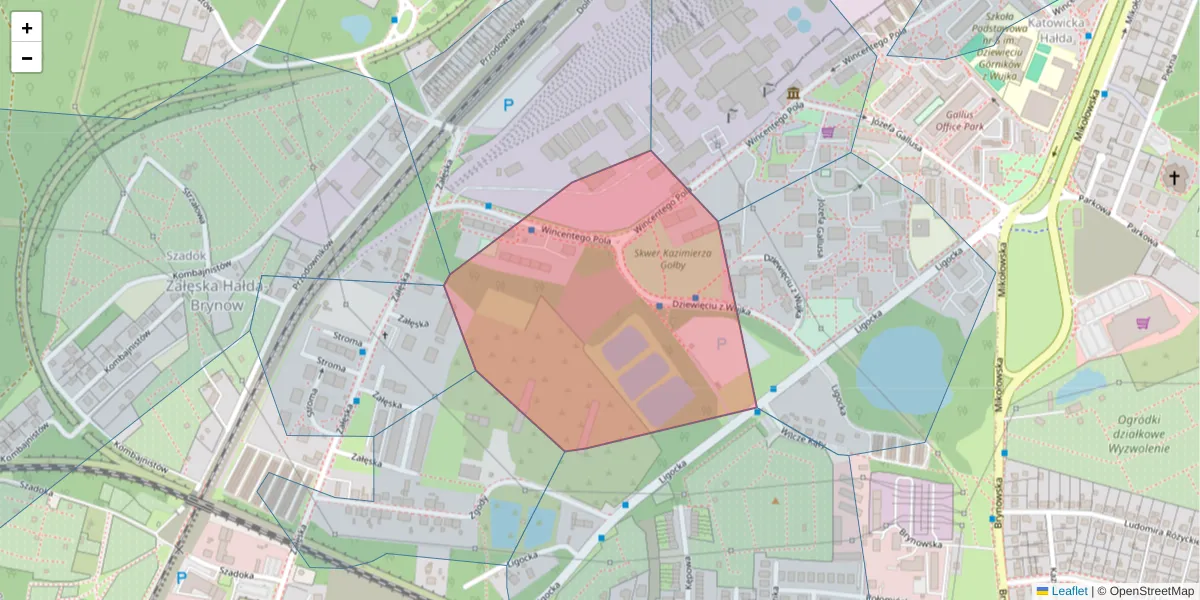 Szczegółowa mapa kodu pocztowego 40-595 z granicami, sąsiednimi kodami pocztowymi i urzędami pocztowymi