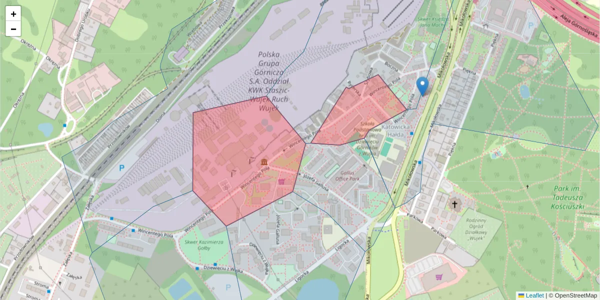 Szczegółowa mapa kodu pocztowego 40-596 z granicami, sąsiednimi kodami pocztowymi i urzędami pocztowymi
