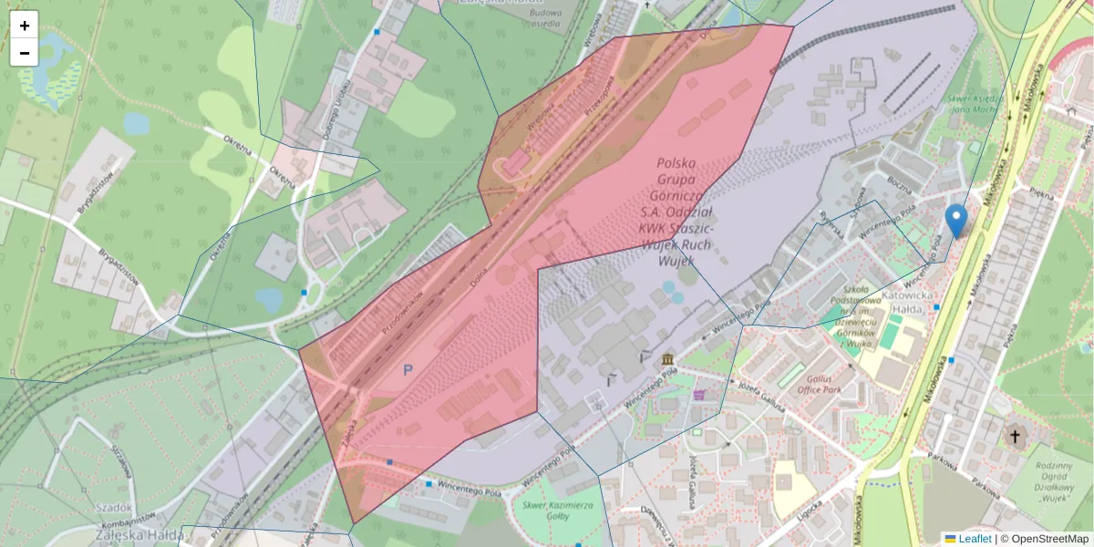 Szczegółowa mapa kodu pocztowego 40-598 z granicami, sąsiednimi kodami pocztowymi i urzędami pocztowymi