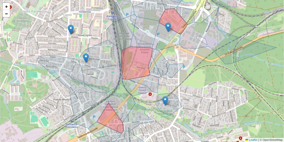 Szczegółowa mapa kodu pocztowego 40-600 z granicami, sąsiednimi kodami pocztowymi i urzędami pocztowymi