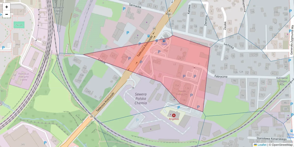 Szczegółowa mapa kodu pocztowego 40-611 z granicami, sąsiednimi kodami pocztowymi i urzędami pocztowymi