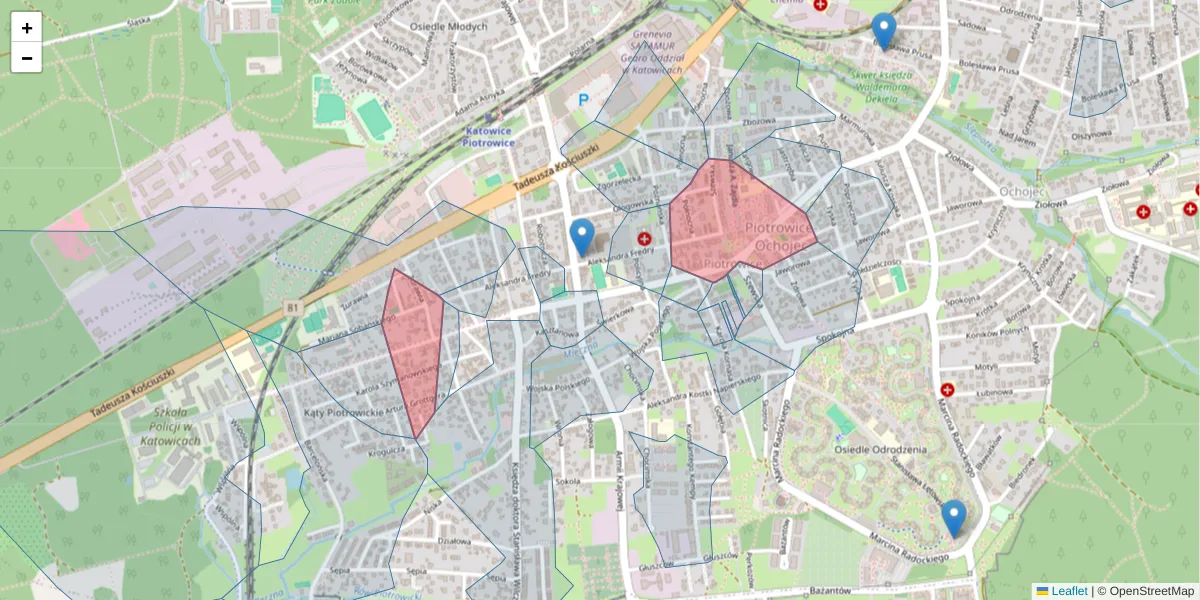 Szczegółowa mapa kodu pocztowego 40-613 z granicami, sąsiednimi kodami pocztowymi i urzędami pocztowymi