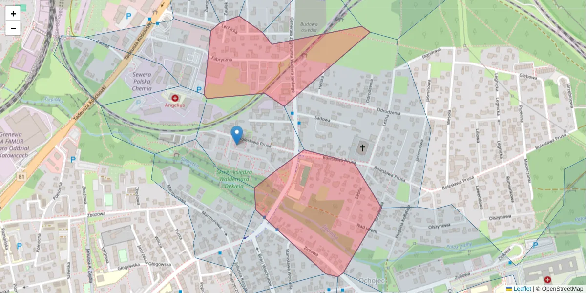 Szczegółowa mapa kodu pocztowego 40-615 z granicami, sąsiednimi kodami pocztowymi i urzędami pocztowymi