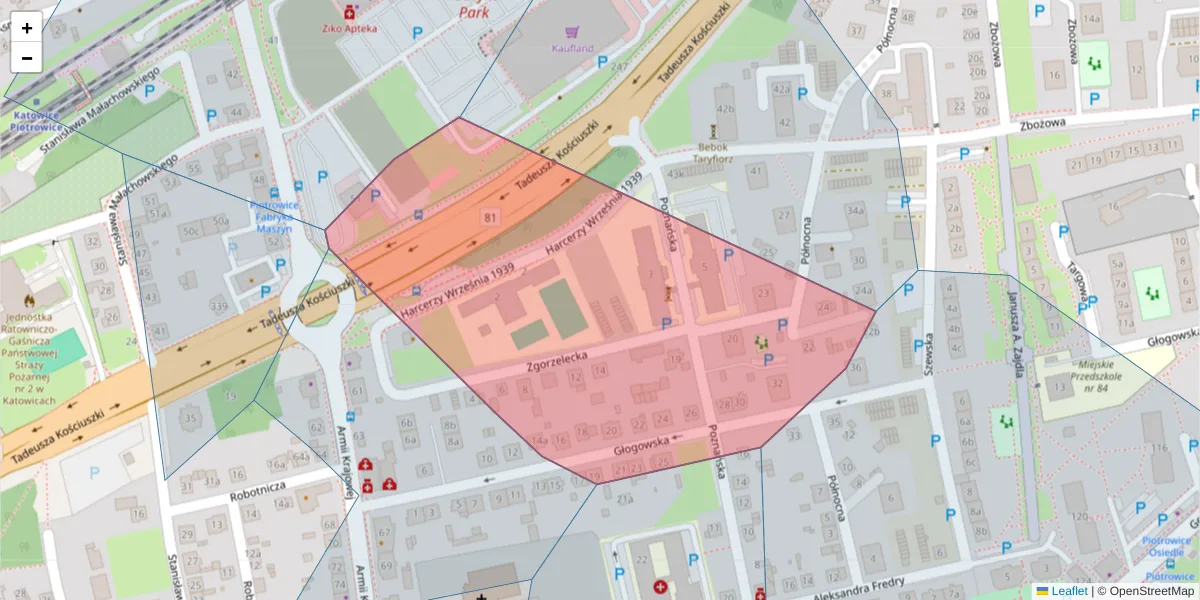 Szczegółowa mapa kodu pocztowego 40-659 z granicami, sąsiednimi kodami pocztowymi i urzędami pocztowymi
