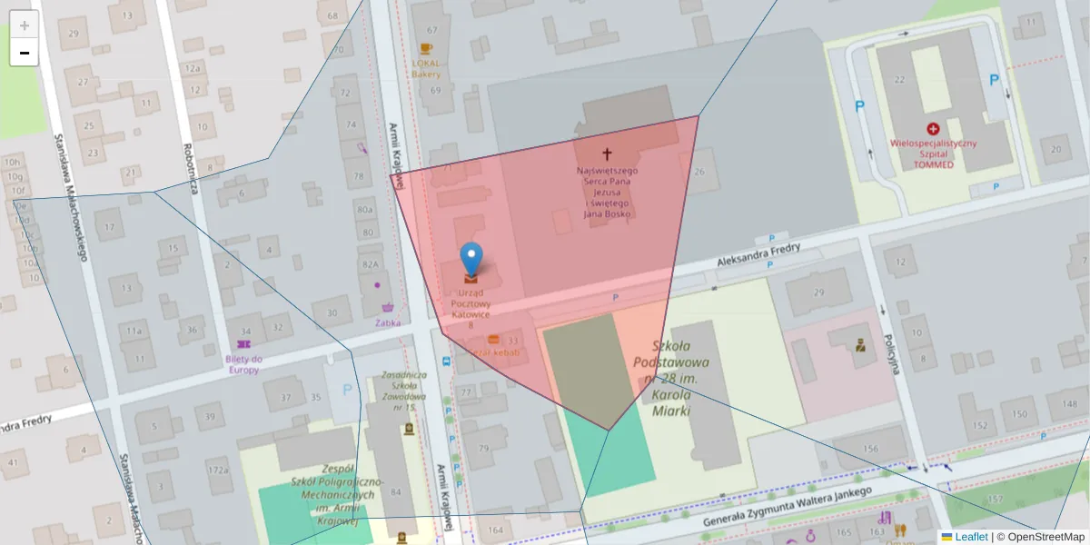 Szczegółowa mapa kodu pocztowego 40-663 z granicami, sąsiednimi kodami pocztowymi i urzędami pocztowymi