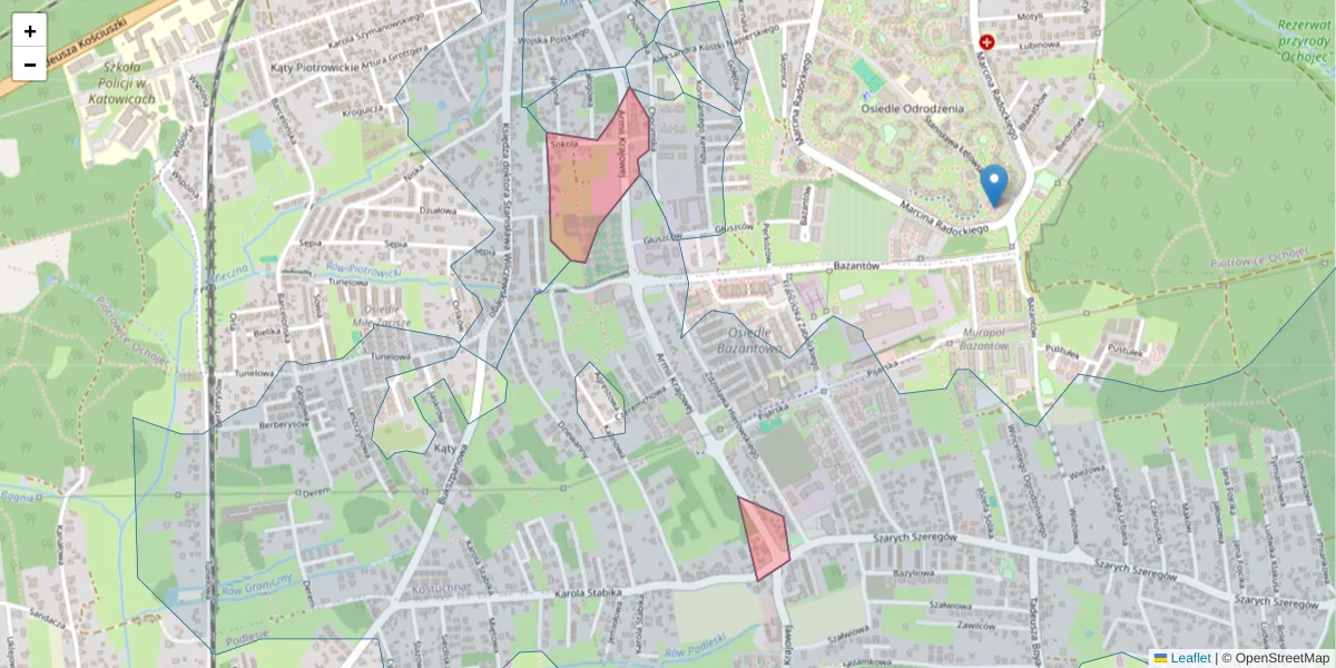 Szczegółowa mapa kodu pocztowego 40-672 z granicami, sąsiednimi kodami pocztowymi i urzędami pocztowymi