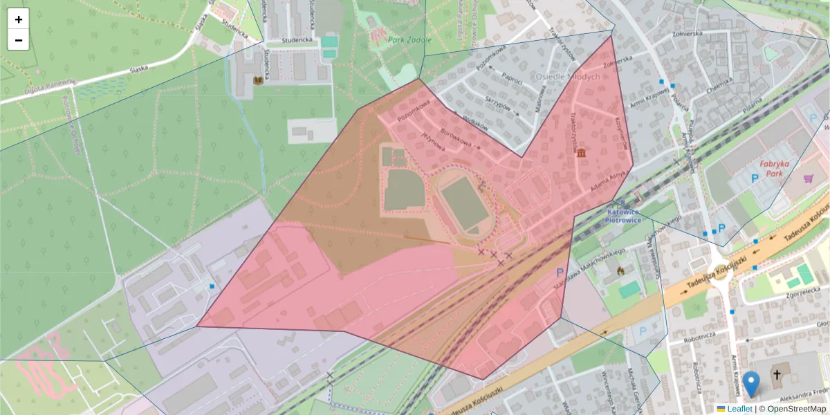 Szczegółowa mapa kodu pocztowego 40-696 z granicami, sąsiednimi kodami pocztowymi i urzędami pocztowymi