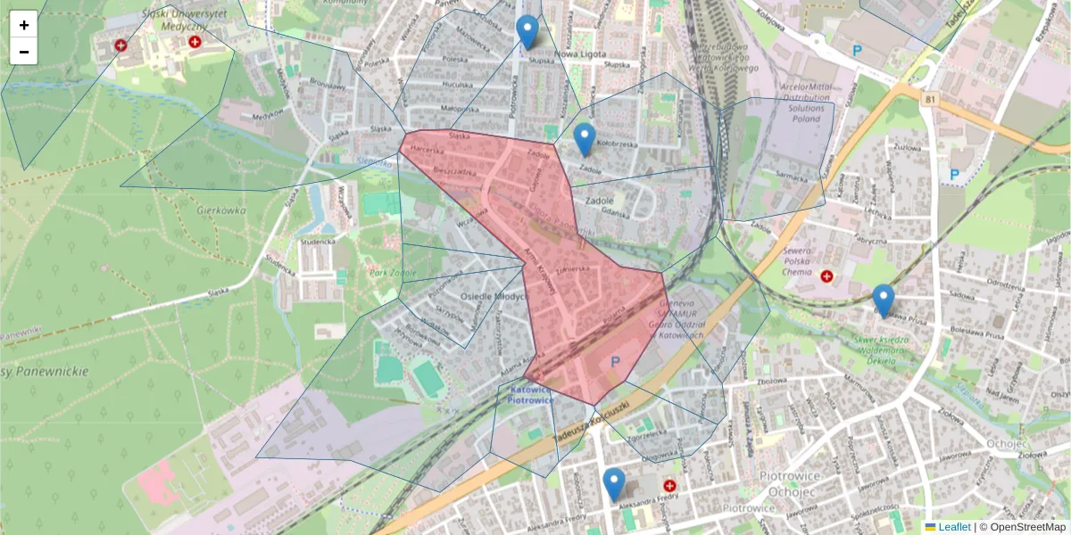 Szczegółowa mapa kodu pocztowego 40-698 z granicami, sąsiednimi kodami pocztowymi i urzędami pocztowymi