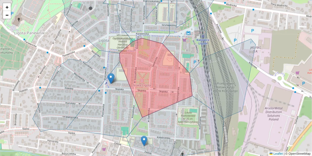 Szczegółowa mapa kodu pocztowego 40-711 z granicami, sąsiednimi kodami pocztowymi i urzędami pocztowymi
