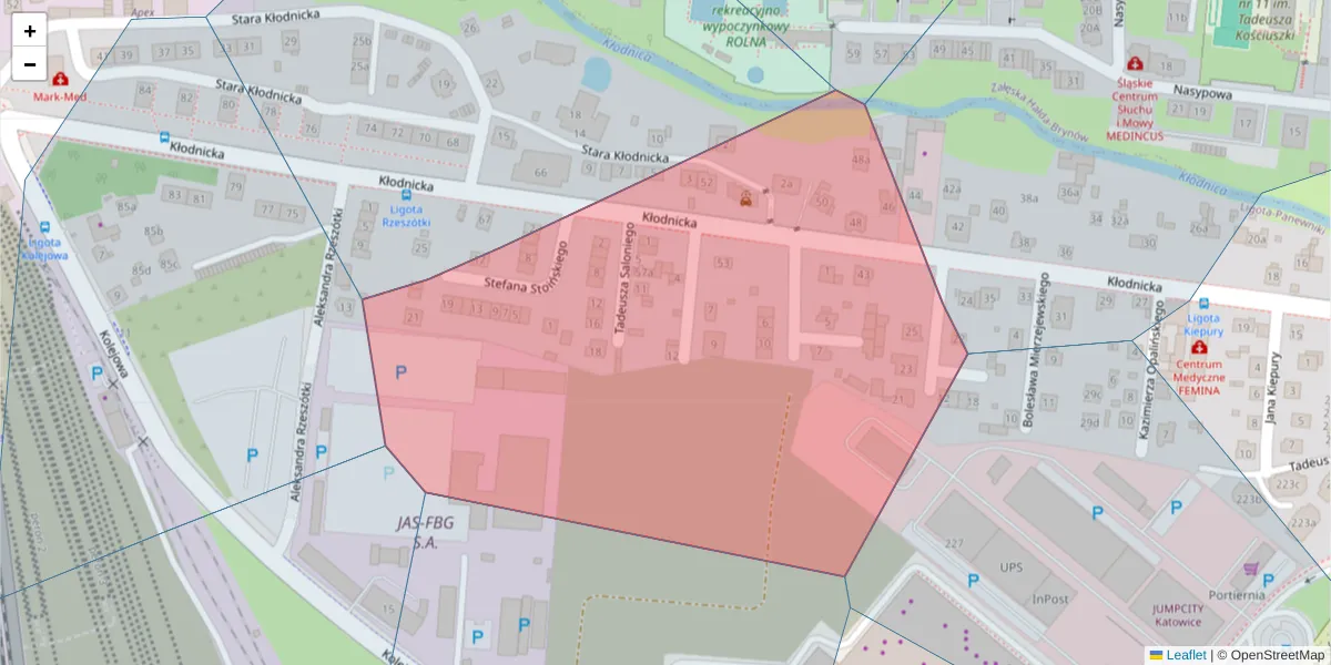 Szczegółowa mapa kodu pocztowego 40-712 z granicami, sąsiednimi kodami pocztowymi i urzędami pocztowymi