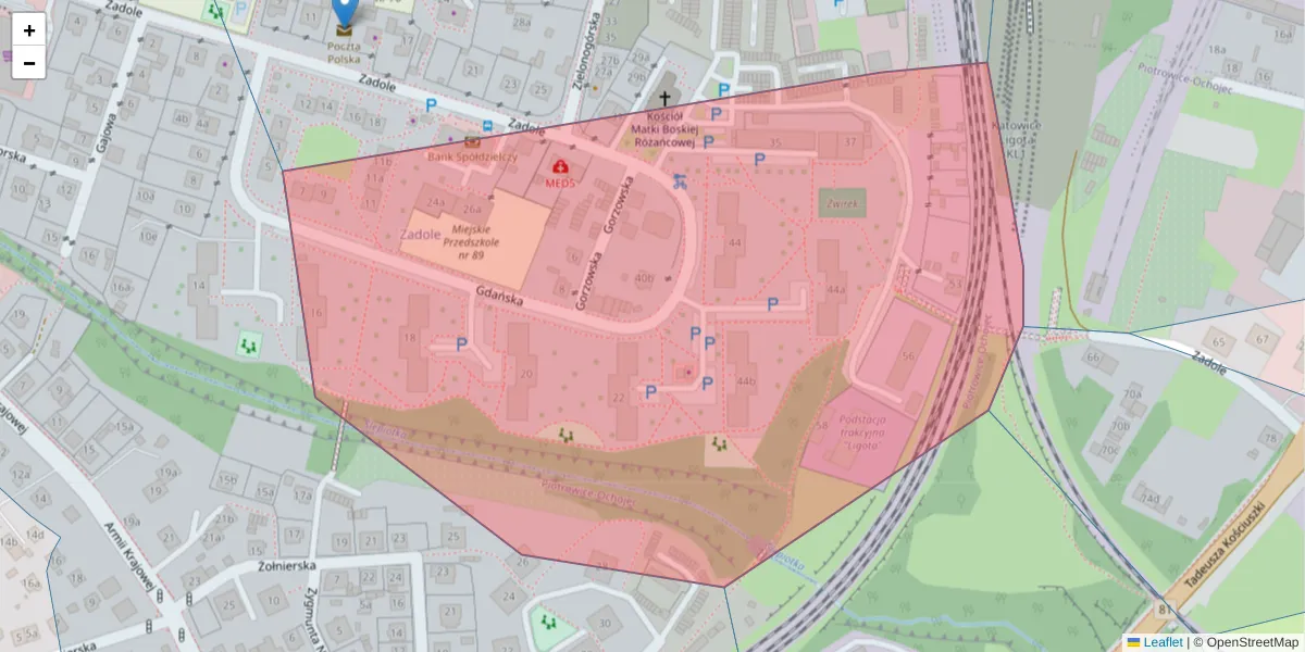 Szczegółowa mapa kodu pocztowego 40-719 z granicami, sąsiednimi kodami pocztowymi i urzędami pocztowymi