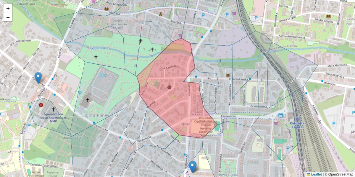 Szczegółowa mapa kodu pocztowego 40-723 z granicami, sąsiednimi kodami pocztowymi i urzędami pocztowymi