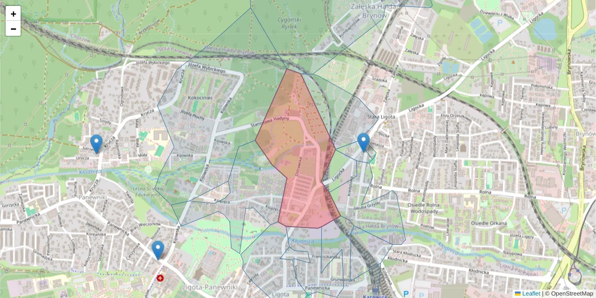 Szczegółowa mapa kodu pocztowego 40-724 z granicami, sąsiednimi kodami pocztowymi i urzędami pocztowymi