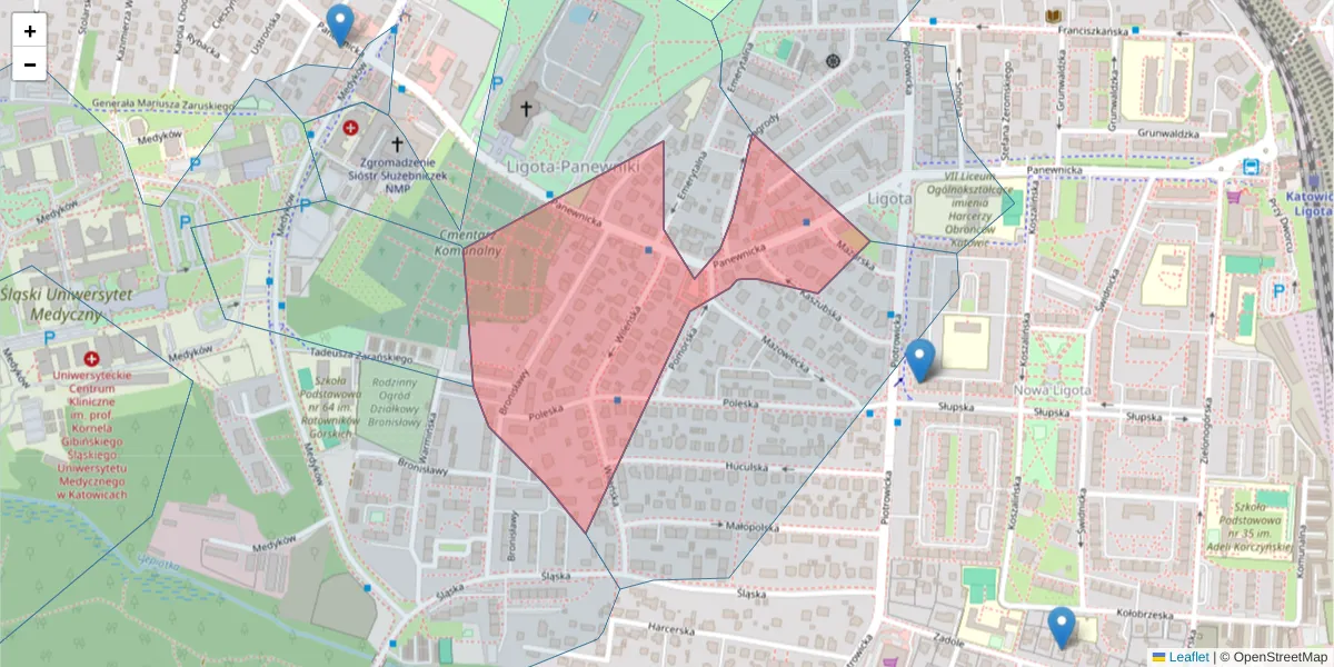 Szczegółowa mapa kodu pocztowego 40-730 z granicami, sąsiednimi kodami pocztowymi i urzędami pocztowymi