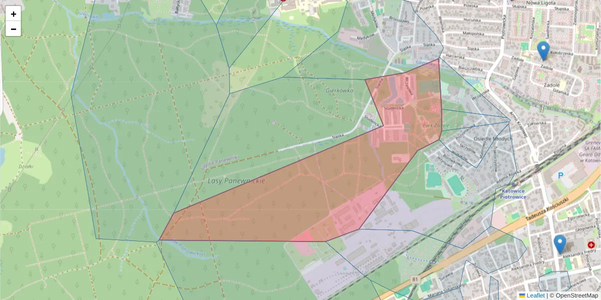 Szczegółowa mapa kodu pocztowego 40-743 z granicami, sąsiednimi kodami pocztowymi i urzędami pocztowymi